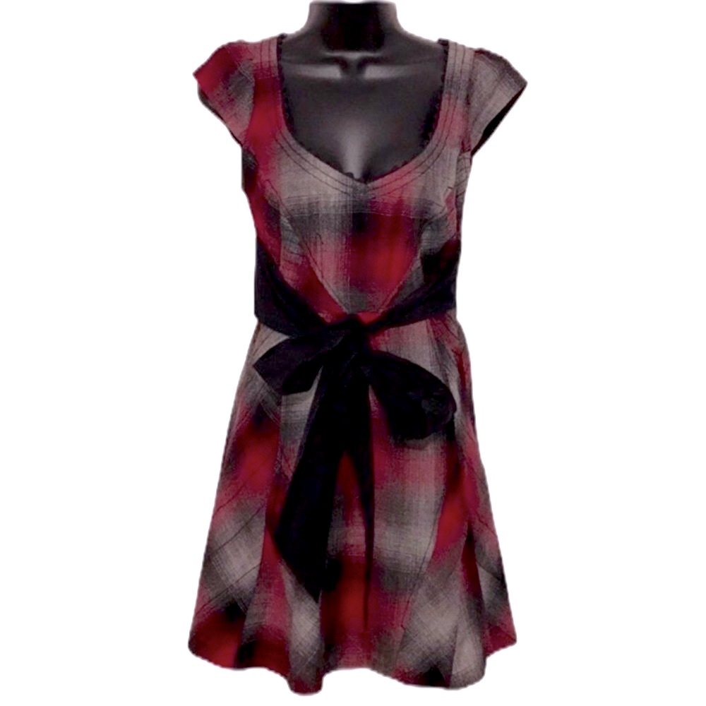 Floreat Anthropologie red gray 100% wool plain dress. Size 2 tie waist coquette